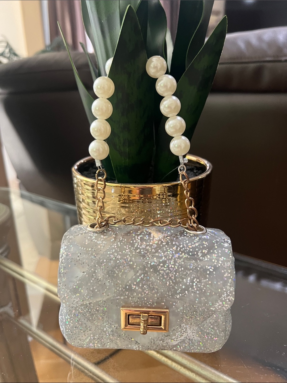 Pearl-Handle Glitter Mini Bag - White
